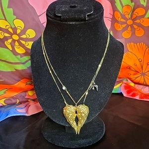 Betsey Johnson Jeweled Angel Wings Necklace, Two Strand Goldtone Necklace
